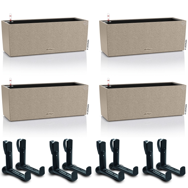 LECHUZA® Blumenkasten BALCONERA Stone 50 Sandbeige All-in-One x 4 + 8 Halter