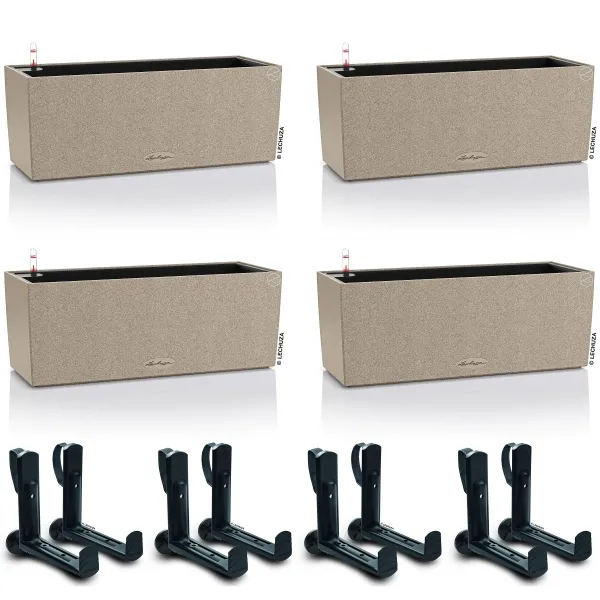LECHUZA® Blumenkasten BALCONERA Stone 50 Sandbeige All-in-One x 4 + 8 Halter