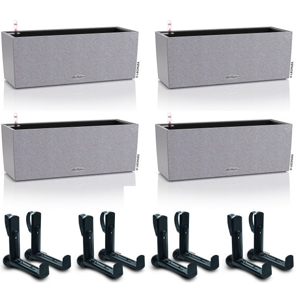 LECHUZA® Blumenkasten BALCONERA Stone 50 Steingrau All-in-One x 4 + 8 Halter