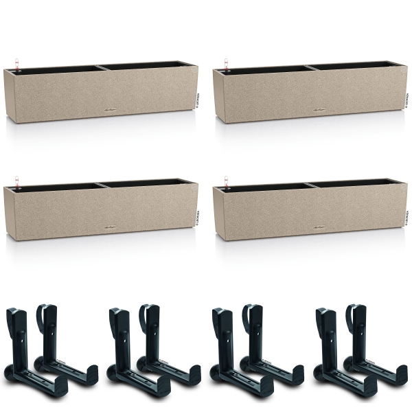 LECHUZA® Blumenkasten BALCONERA Stone 80 Sandbeige All-in-One x 4 + 8 Halter