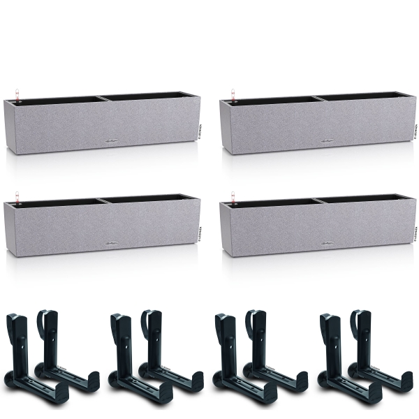LECHUZA® Blumenkasten BALCONERA Stone 80 Steingrau All-in-One x 4 + 8 Halter
