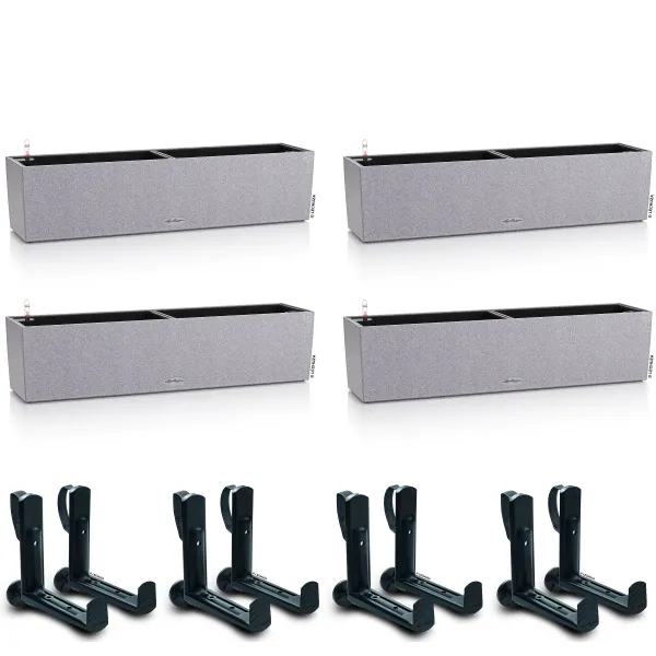 LECHUZA® Blumenkasten BALCONERA Stone 80 Steingrau All-in-One x 4 + 8 Halter
