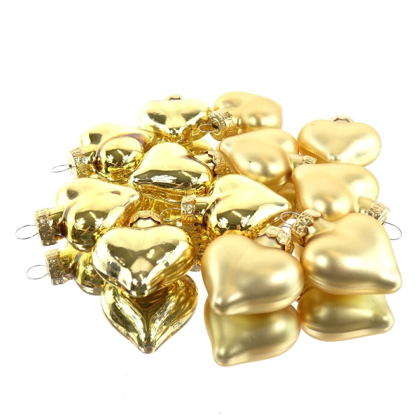 Christbaumkugeln Goldfarben Herzform 6 x glänzend & 6 x matt aus Glas - 12er Set