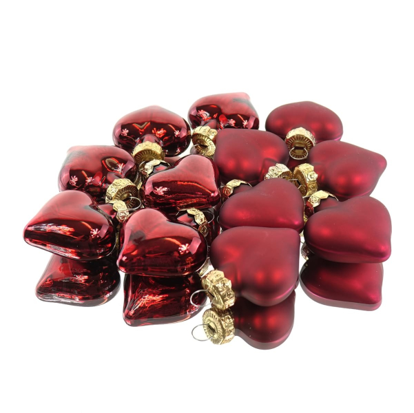 Christbaumkugeln Ochsenblut Herzform 6 x glänzend & 6 x matt aus Glas - 12er Set