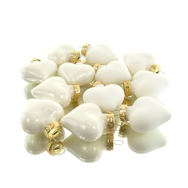 Christbaumkugeln Wollweiß Herzform 6 x glänzend & 6 x matt aus Glas - 12er Set