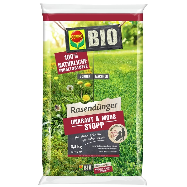 COMPO BIO Rasendünger Unkraut & Moos Stopp für 110 m² - 5,5 kg