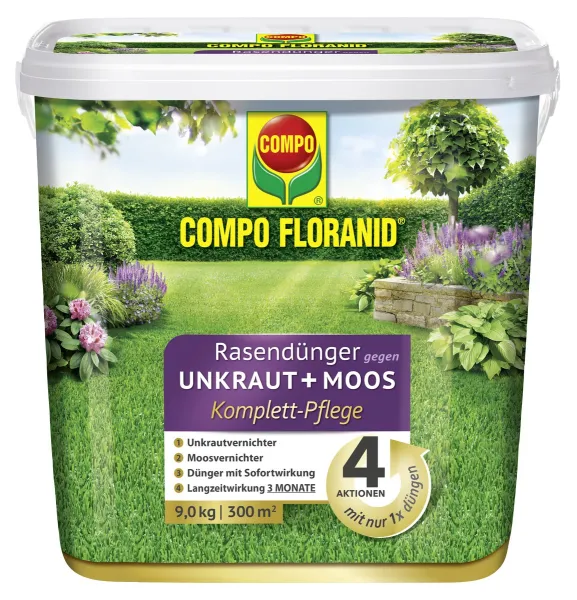 COMPO FLORANID® Rasendünger gegen Unkraut + Moos Komplettpflege für 300 m² - 9 kg COMPO FLORANID® Rasendünger gegen Unkraut + Moos Komplettpflege für 300 m² - 9 kg