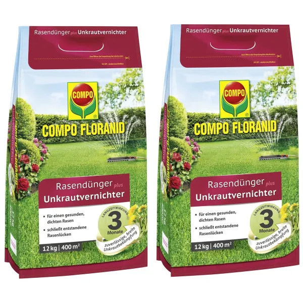 COMPO FLORANID® Rasendünger plus Unkrautvernichter für 400 m² - 12 kg x 2