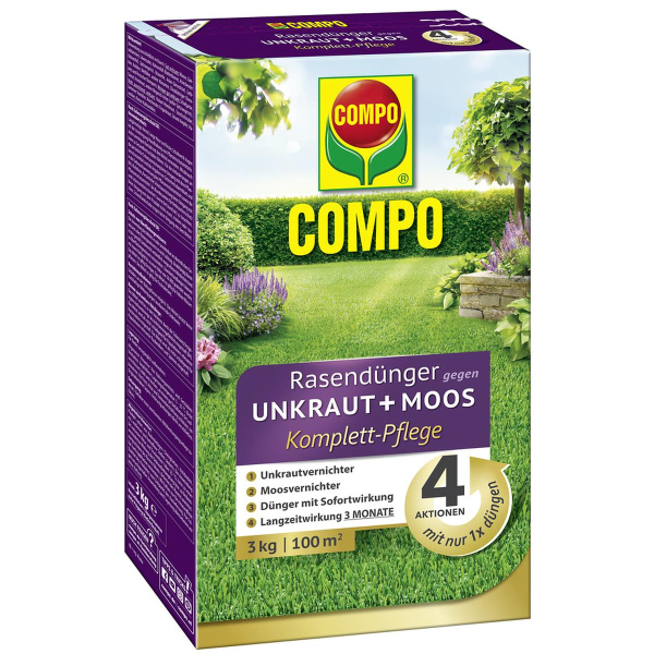 COMPO Rasendünger gegen Unkraut + Moos Komplettpflege für 100 m² - 3 kg