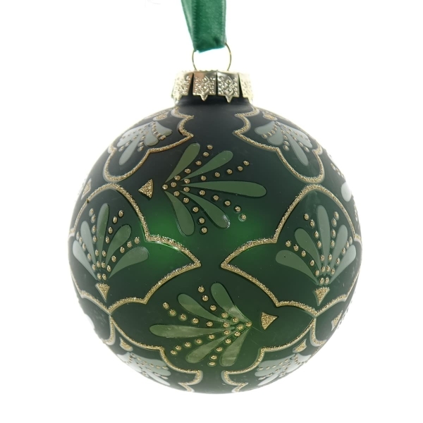 Decoris® Weihnachtskugel Grün mit goldfarbenen Ornamenten Ø 8 cm - Glas