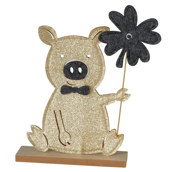 Dekofigur Peggy das Glücksschwein goldfarben mit Glitter auf Holzfuß Länge 22 cm Breite 5 cm Höhe 26 cm - MDF, Eisen & Polyester
