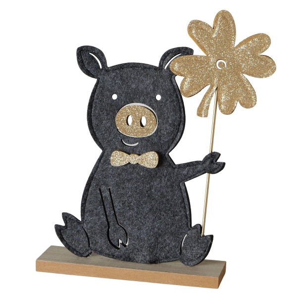 Dekofigur Peggy das Glücksschwein schwarz mit Glitter auf Holzfuß Länge 22 cm Breite 5 cm Höhe 26 cm - MDF, Eisen & Polyester