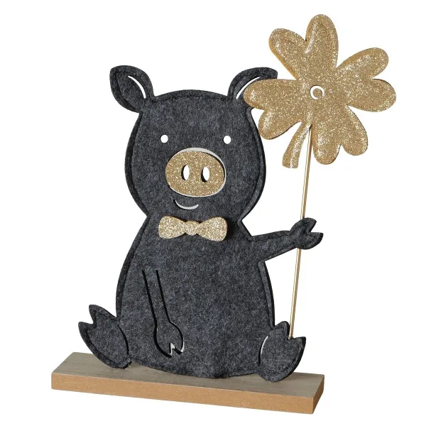 Dekofigur Peggy das Glücksschwein schwarz mit Glitter auf Holzfuß Länge 22 cm Breite 5 cm Höhe 26 cm - MDF, Eisen & Polyester