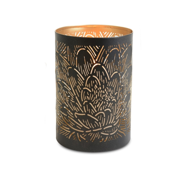 Dekoratives Windlicht Blattlook Schwarz & Goldfarben Ø 11 x 15 cm - Metall