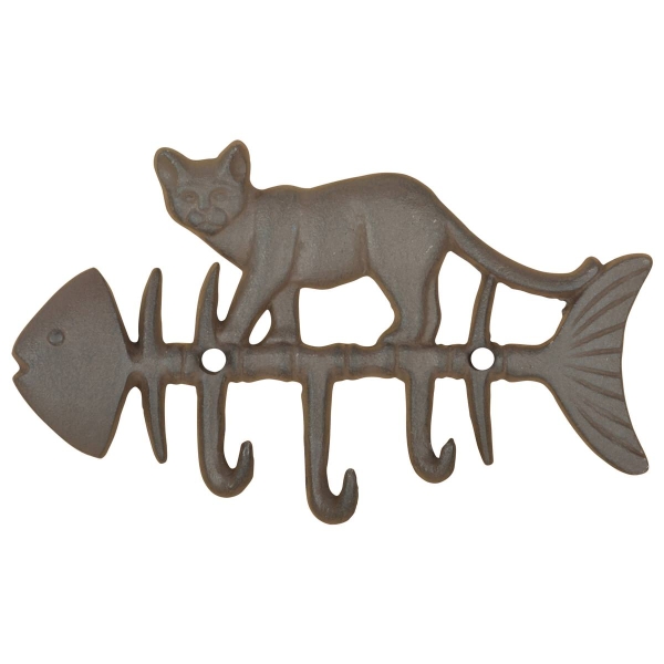 Esschert Design Garderobenleiste Katze auf Fisch mit 3 Haken - Gusseisen