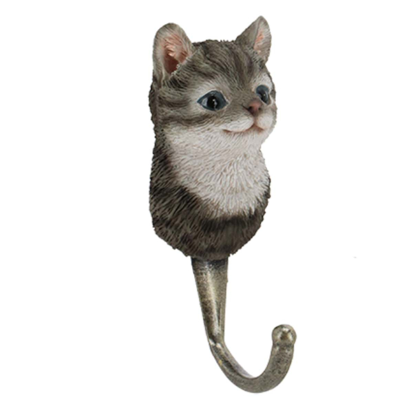 Esschert Design Garderobenhaken Katzenkopf Grau getigert 11,8 cm - Polyresin