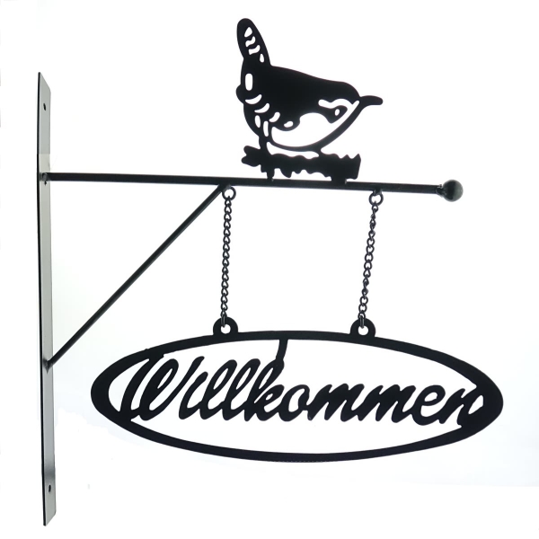 Esschert Design Wandschild Willkommen mit  Zaunkönig schwarz matt - Metall