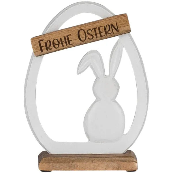 GASPER Aluminium Hase im Ei Frohe Ostern, auf Holzfuß weiß groß