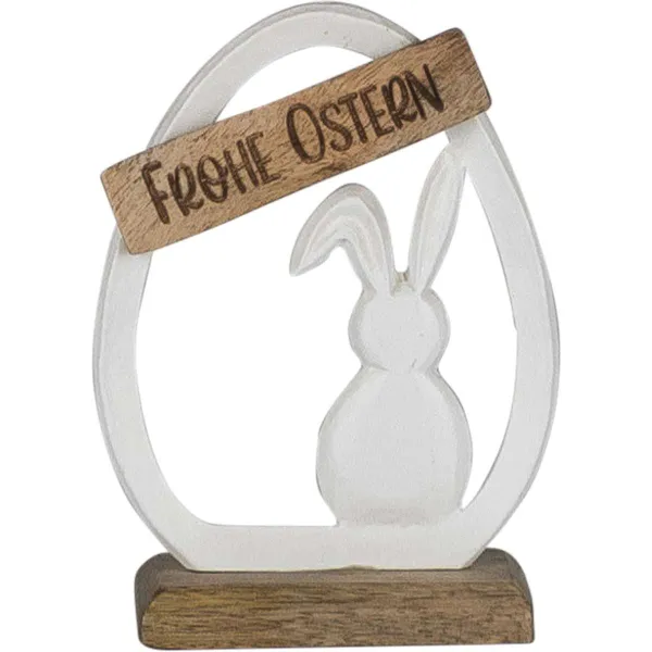 GASPER Aluminium Hase im Ei Frohe Ostern, auf Holzfuß weiß, klein