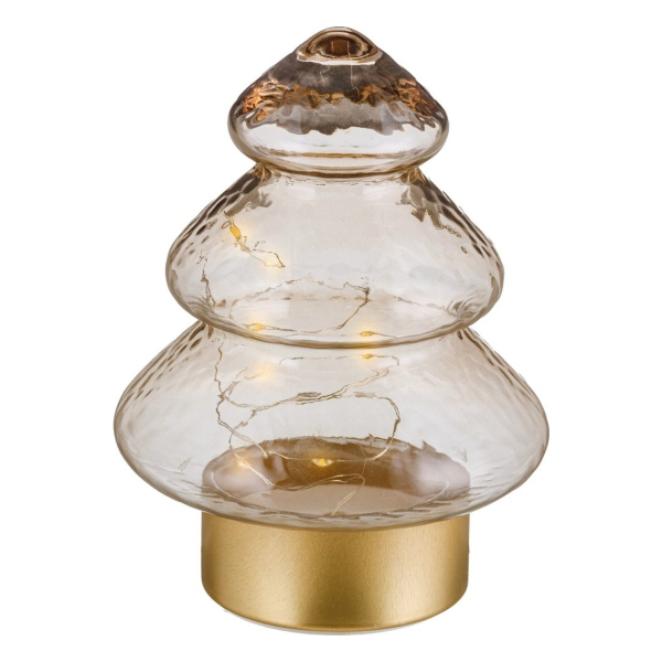 GASPER Baum aus Glas auf Metallfuß gold ,6LEDs 12x12x16 cm grün