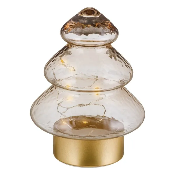 GASPER Baum aus Glas auf Metallfuß gold ,6LEDs 12x12x16 cm grün
