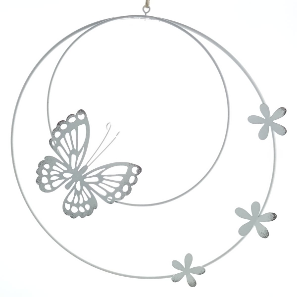 GASPER Deko-Hänger mit Schmetterling & Blüten Weiß mit 2 Metallringen Ø 25 cm