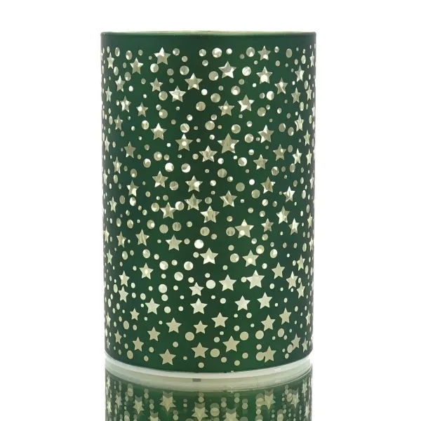 GASPER Glas Windlicht mit LED Zylinder STARS dunkelgrün Ø 8 cm Höhe 12 cm