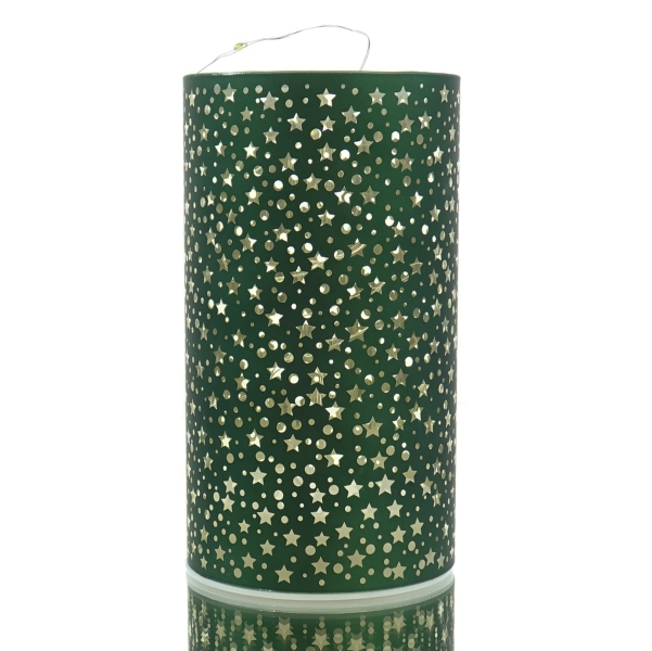 GASPER Glas Windlicht mit LED Zylinder STARS dunkelgrün Ø  9 cm Höhe 16 cm 