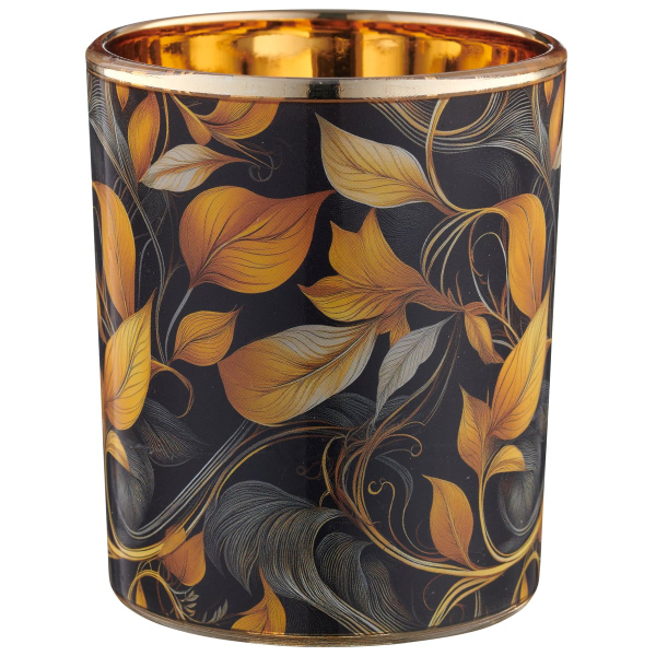 GASPER Lepuro INSTYLE  Teelichtglas Orange & Schwarz mit floralem Muster Ø 7 cm - Glas