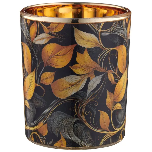 GASPER Lepuro INSTYLE Teelichtglas Orange & Schwarz mit floralem Muster Ø 7 cm - Glas GASPER Lepuro INSTYLE Teelichtglas Orange & Schwarz mit floralem Muster Ø 7 cm - Glas