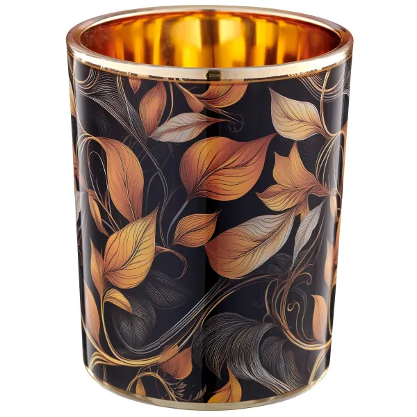 GASPER Lepuro INSTYLE Windlicht Orange & Schwarz mit floralem Muster Ø 10 cm - Glas GASPER Lepuro INSTYLE Windlicht Orange & Schwarz mit floralem Muster Ø 10 cm - Glas