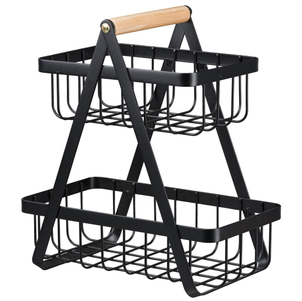 GASPER Metall Korb 2-Lagen m. Holzgriff KITTIE 27x15x30 cm schwarz