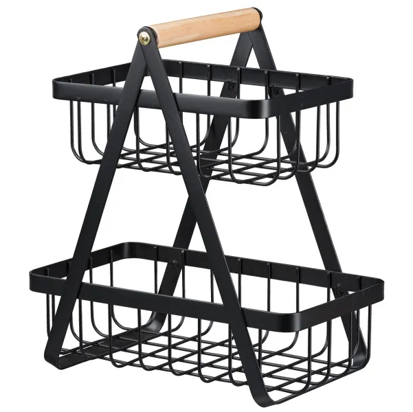 GASPER Metall Korb 2-Lagen m. Holzgriff KITTIE 27x15x30 cm schwarz