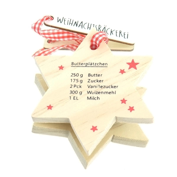 GASPER Sternanhänger Weihnachtsbäckerei mit Butterplätzchen Rezept Ø 8,5 cm - Holz