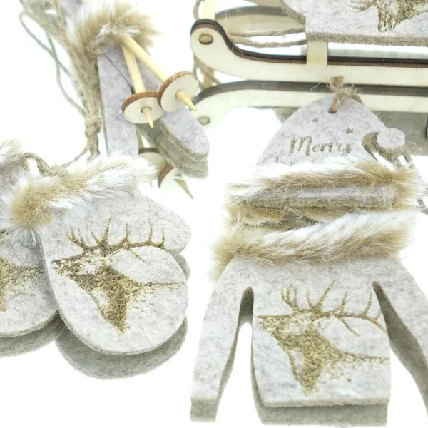 GASPER Weihnachtsanhänger Wintersport Grau-Beige 6 teiliges Set - Filz & Holz