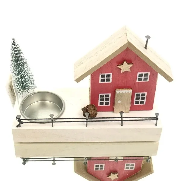 GASPER Weihnachtsdeko Haus Rot mit Baum & Kerzenhalter 15 x 12,5 cm - Holz