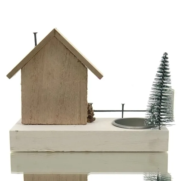 GASPER Weihnachtsdeko Haus Rot mit Baum & Kerzenhalter 15 x 12,5 cm - Holz