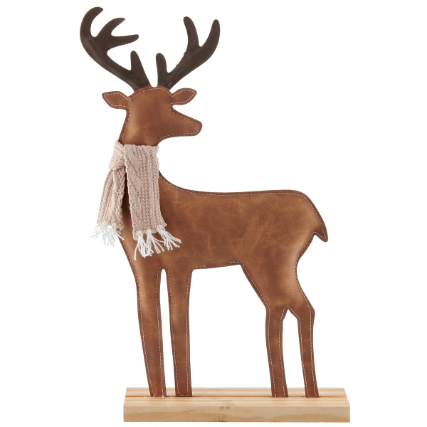 Weihnachtsdeko Hirsch aus hellbraunem Lederimitat mit Schal auf Holzbasis 35,5 cm 