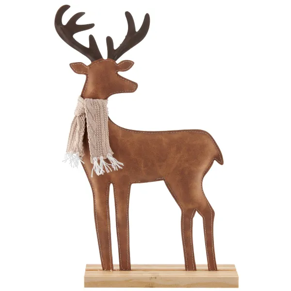 Weihnachtsdeko Hirsch aus hellbraunem Lederimitat mit Schal auf Holzbasis 35,5 cm