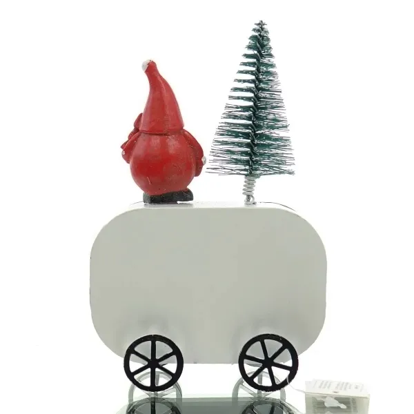 GASPER Weihnachtsdeko Wohnwagen mit Wichtel Weiß & Rot 15,5 cm - Metall & Poly