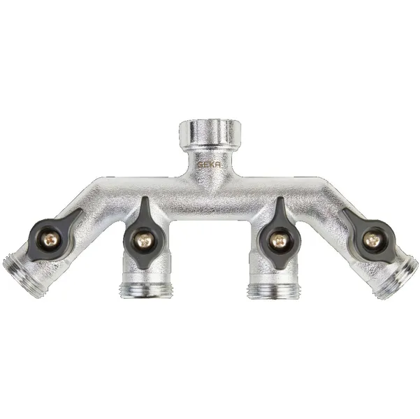 GEKA® plus Vierwegeventil Außengewinde 4 x 3/4 Zoll & Muttern-Gewinde 3/4 Zoll GEKA® plus Vierwegeventil Außengewinde 4 x 3/4 Zoll & Muttern-Gewinde 3/4 Zoll