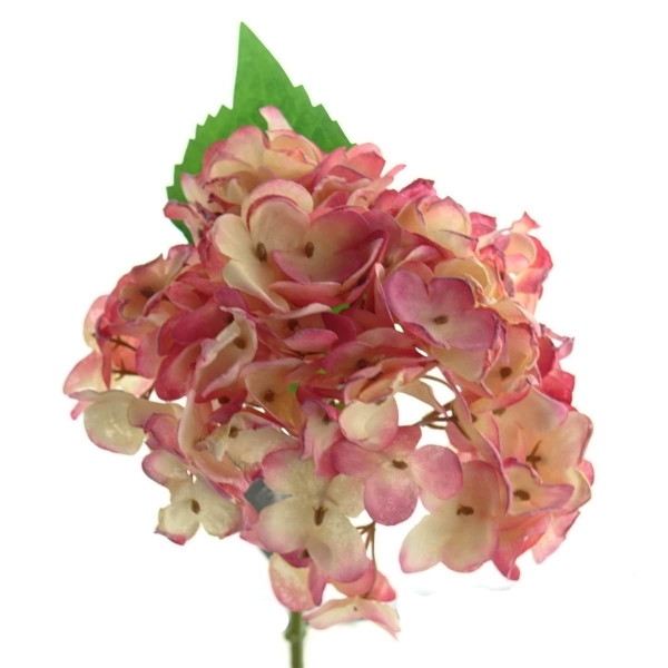 Hortensienblüte Pink & Creme mit Blatt 34 cm - Kunstblumen