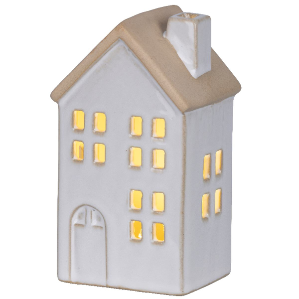 Lumineo Batterie LED Häuschen Weiß eckige Fenster 7,8 x 12,5 cm Prozellan - warmweiß