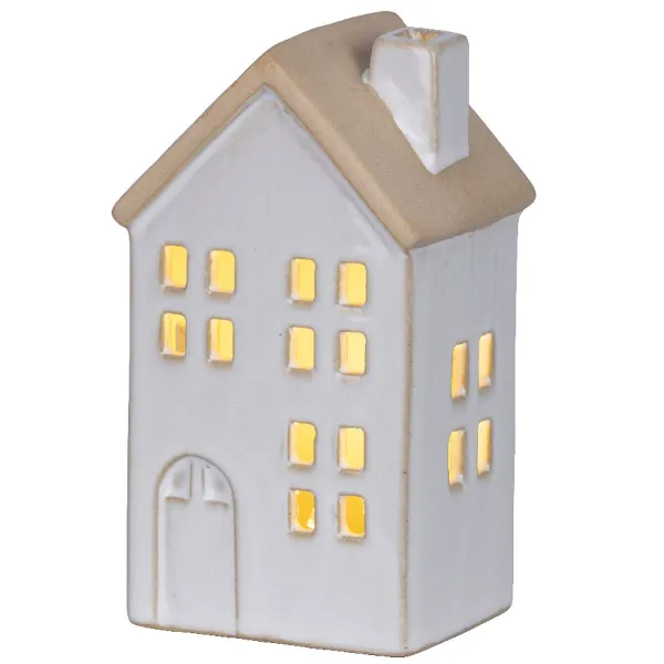 Lumineo Batterie LED Häuschen Weiß eckige Fenster 7,8 x 12,5 cm Prozellan - warmweiß