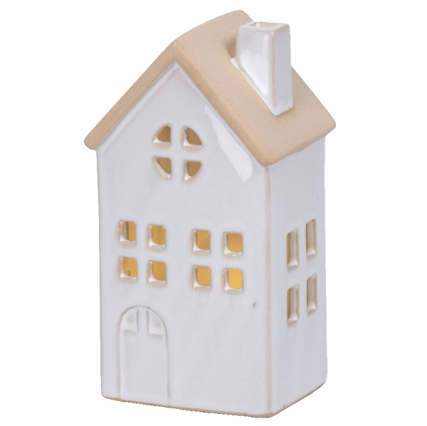 Lumineo Batterie LED Häuschen Weiß rundes Fenster 8 x 15,5 cm Prozellan - warmweiß