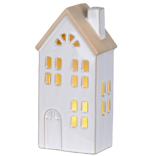 Lumineo Batterie LED Häuschen Weiß halbrundes Fenster 10 x 20,5 cm Prozellan - warmweiß