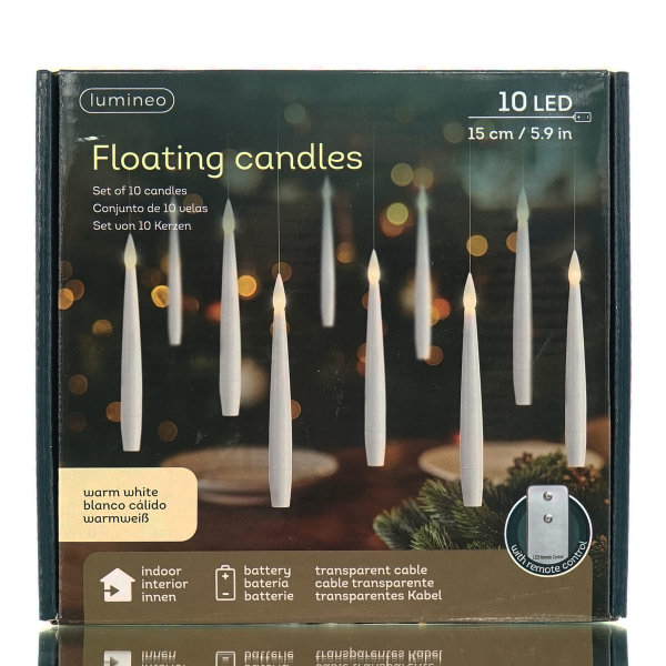 Lumineo Batterie LED Schwebende Kerzen Weiß  transparente Fäden Ø 1,5 cm Höhe 15 cm 10 Stück Fernbedienung - warmweiß