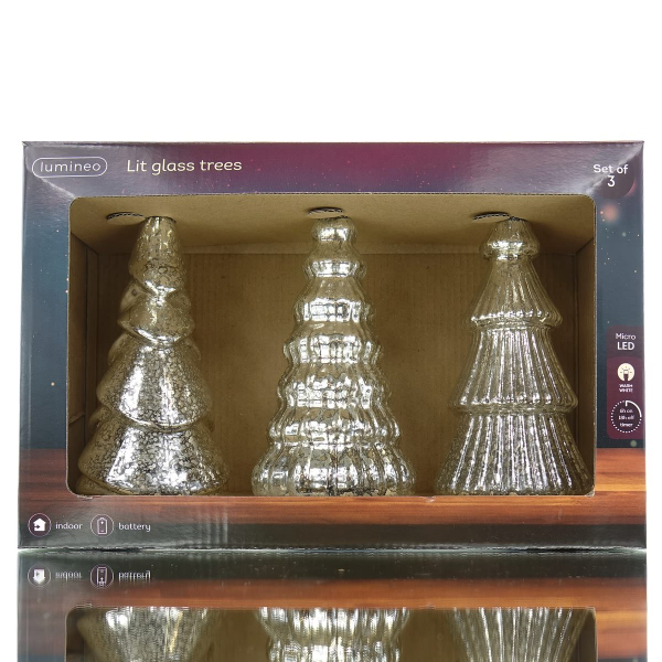 Lumineo Batterie LED Weihnachtsbäume Silberfarben 3er Set Ø 9 cm Höhe 17,5 cm - warmweiß