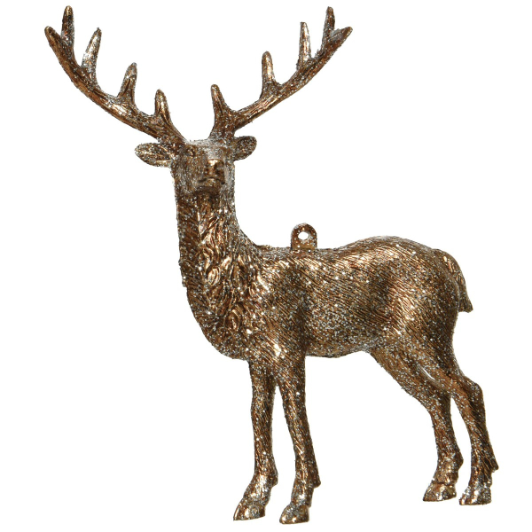 Weihnachtsanhänger Hirsch hellbraun/bronzefarben geradeaus blickend mit Glitter - Kunststoff