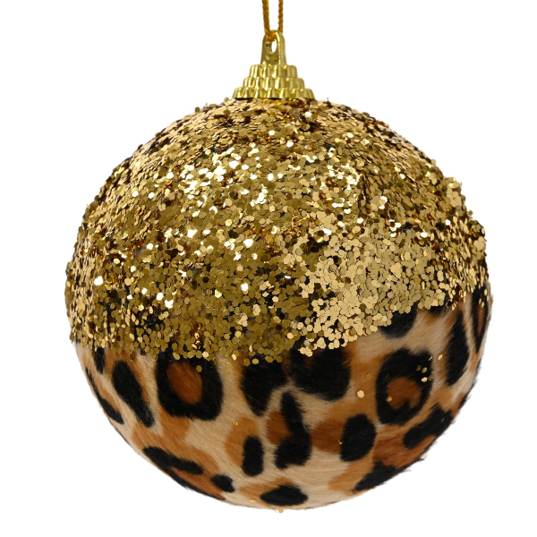 Weihnachtskugel Leopardoptik goldfarben Ø 8 cm mit Glitter - Schaumstoff